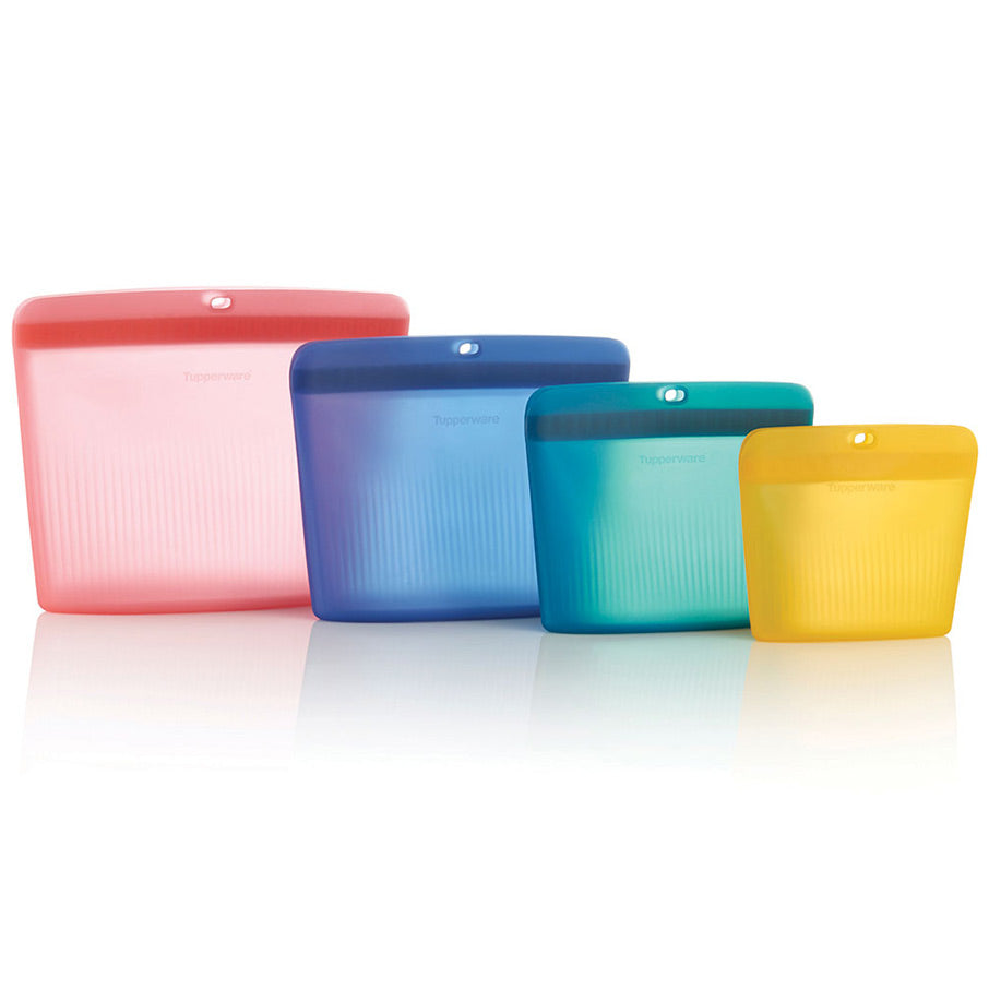 conjunto de sacolas de silicone ultimate stand-up cores soft candy transparente basic blue transparente mysterious green transparente water papaya mamão aquoso
