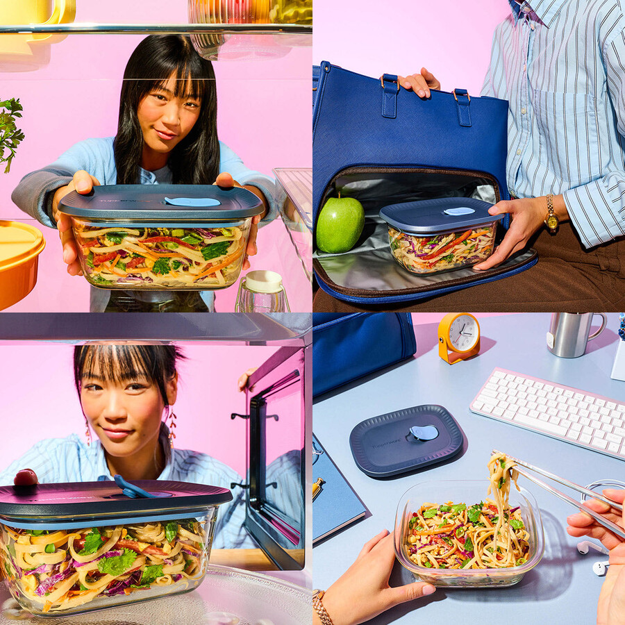 recipiente de vidro tupperware voila para armazenar alimentos mini retangular cinza escuro e azul tampa