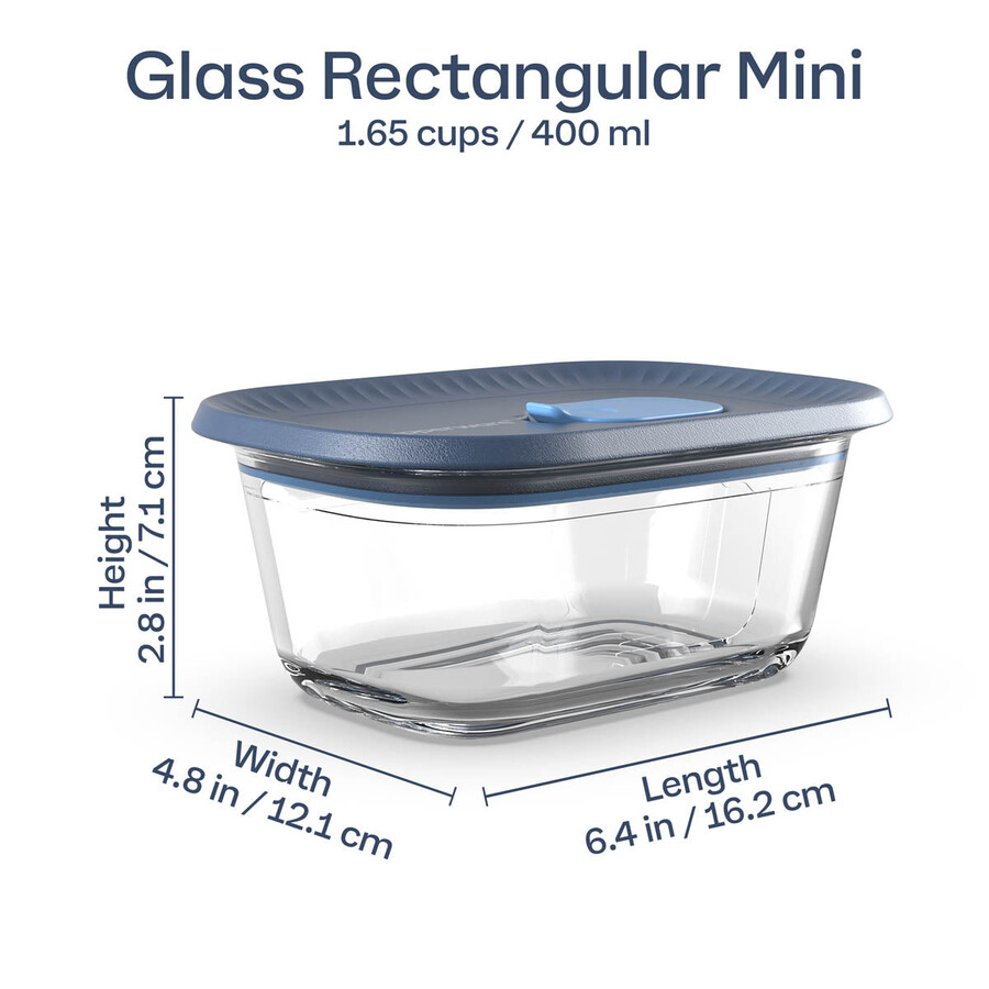 recipiente de vidro tupperware voila para armazenar alimentos mini retangular cinza escuro e azul tampa