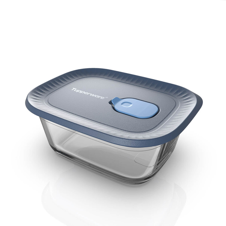 recipiente de vidro para alimentos tupperware voila retangular pequeno cinza escuro e azul tampa