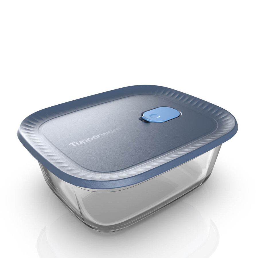 recipiente de vidro tupperware voila para armazenamento de alimentos retangular grande cinza escuro e azul tampa